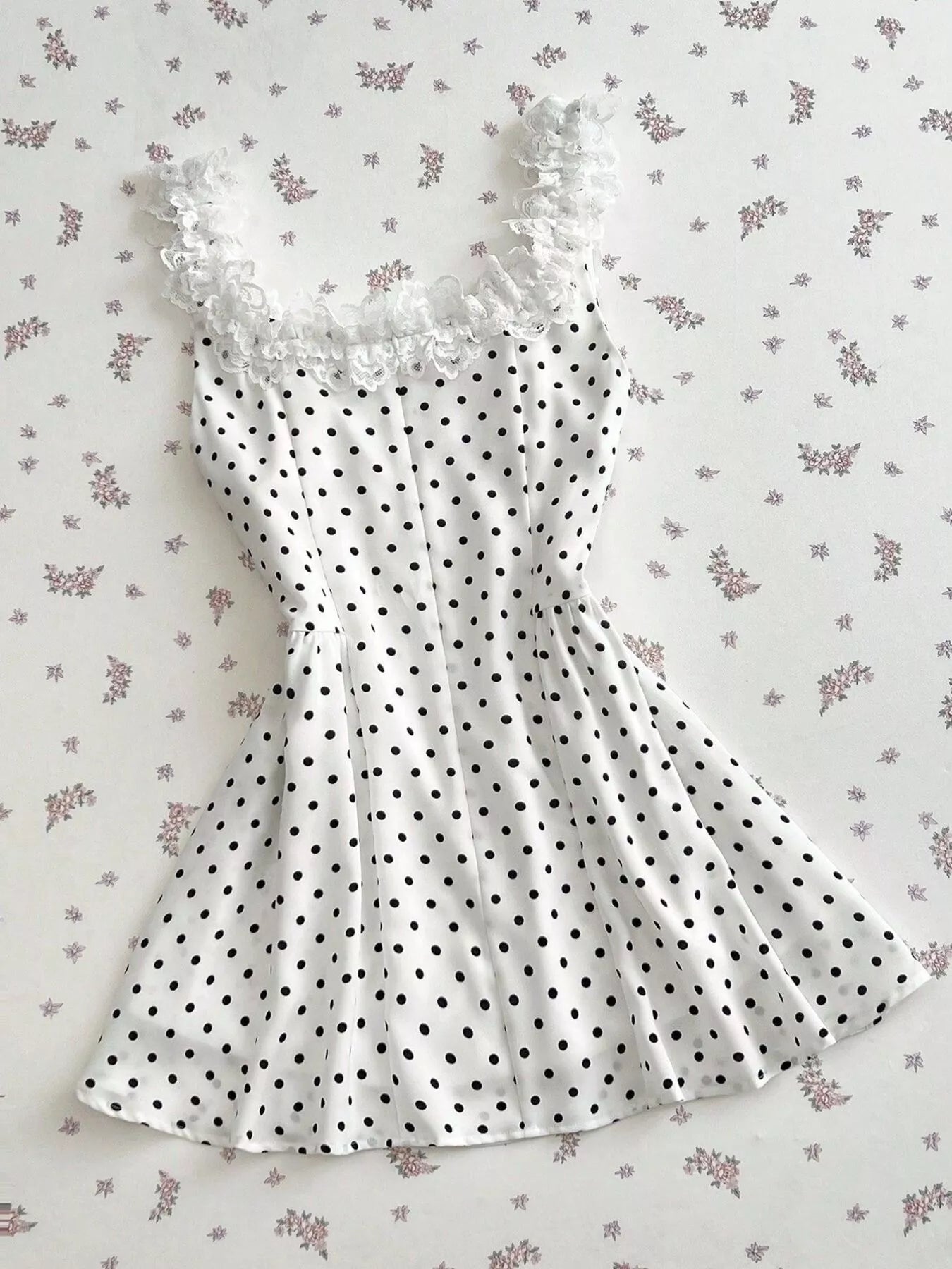 YSONA Polka Dot Lace Trim Mini Dress — full length view | Women's Dress | Shop YSONA