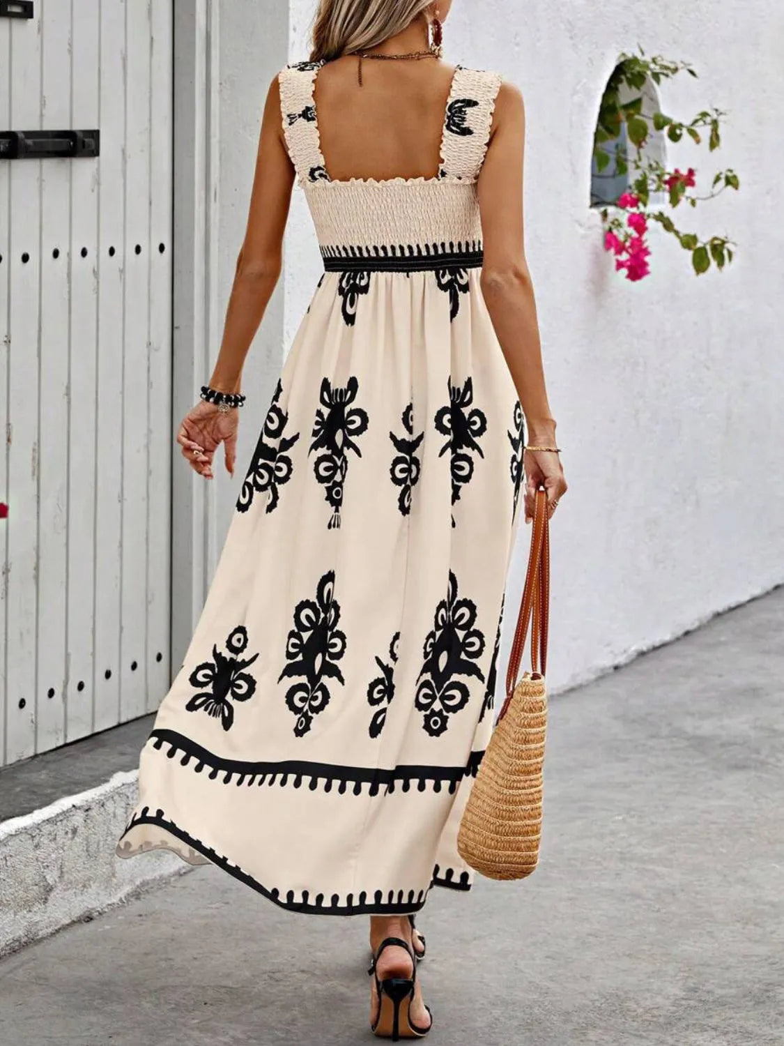 YSONA Smocked Printed Wide Strap Maxi Dress — fabric detail | Women's Dress | Shop YSONA