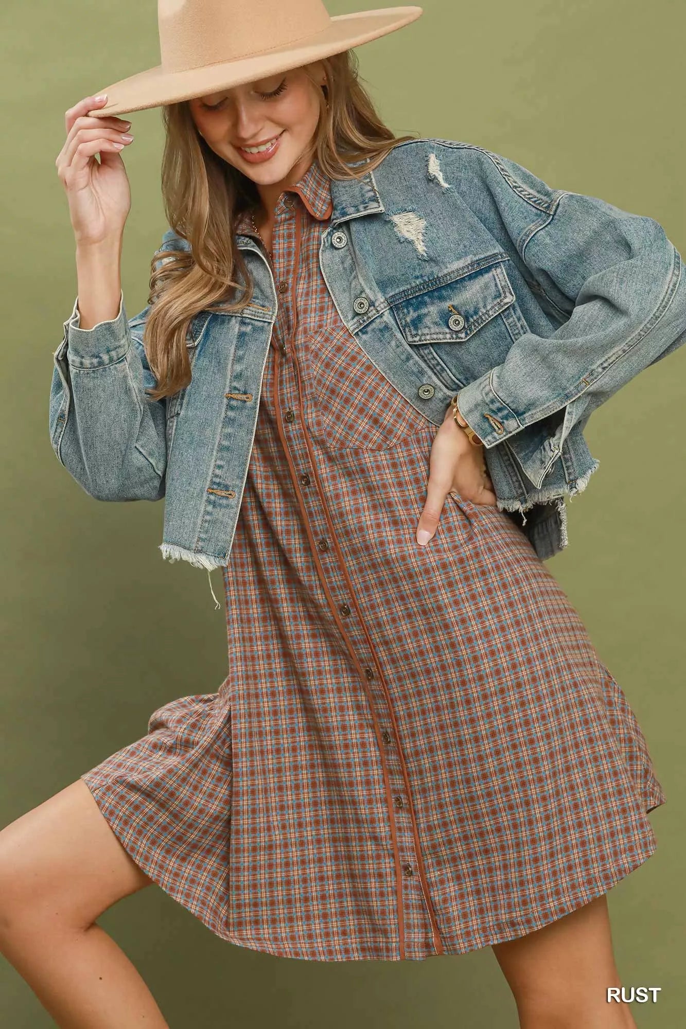 YSONA Umgee Plaid Button Down Oversized Shirt Dress — detail view | Women's Dress | Shop YSONA