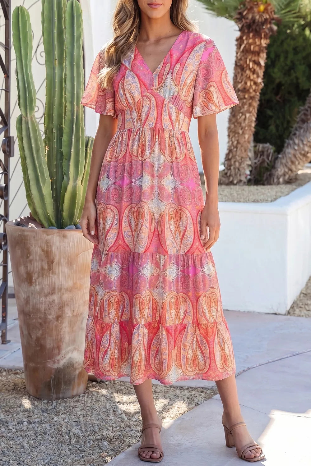 YSONA Paisley Print V-Neck Short Sleeve Boho Dress — detail view | Women's Dress | Shop YSONA