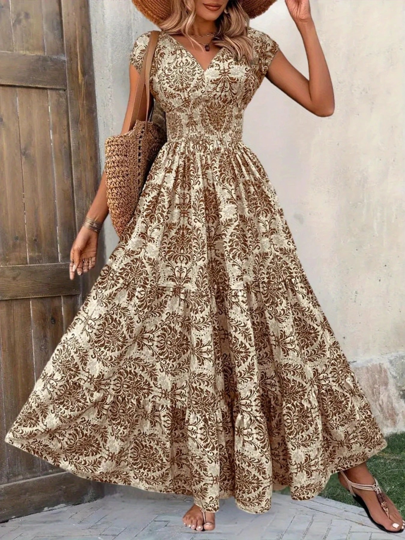 YSONA Printed Cap Sleeve Maxi Dress — full length view | Women's Dress | Shop YSONA