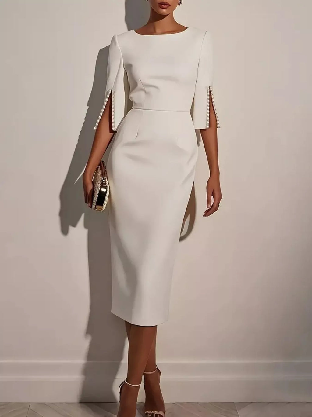 YSONA Slim-Fit Elegant Midi Dress with Beaded Slit Sleeve — front view | Women's Dress | Shop YSONA