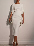 YSONA Slim-Fit Elegant Midi Dress with Beaded Slit Sleeve — front view | Women's Dress | Shop YSONA