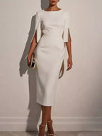 YSONA Slim-Fit Elegant Midi Dress with Beaded Slit Sleeve — front view | Women's Dress | Shop YSONA
