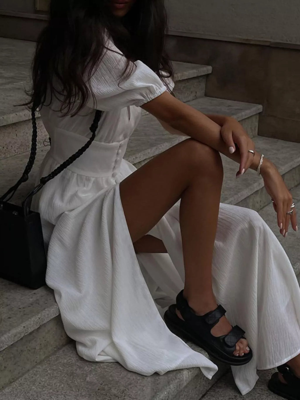 YSONA Slit Puff Sleeve Maxi Dress — side view | Women's Dress | Shop YSONA
