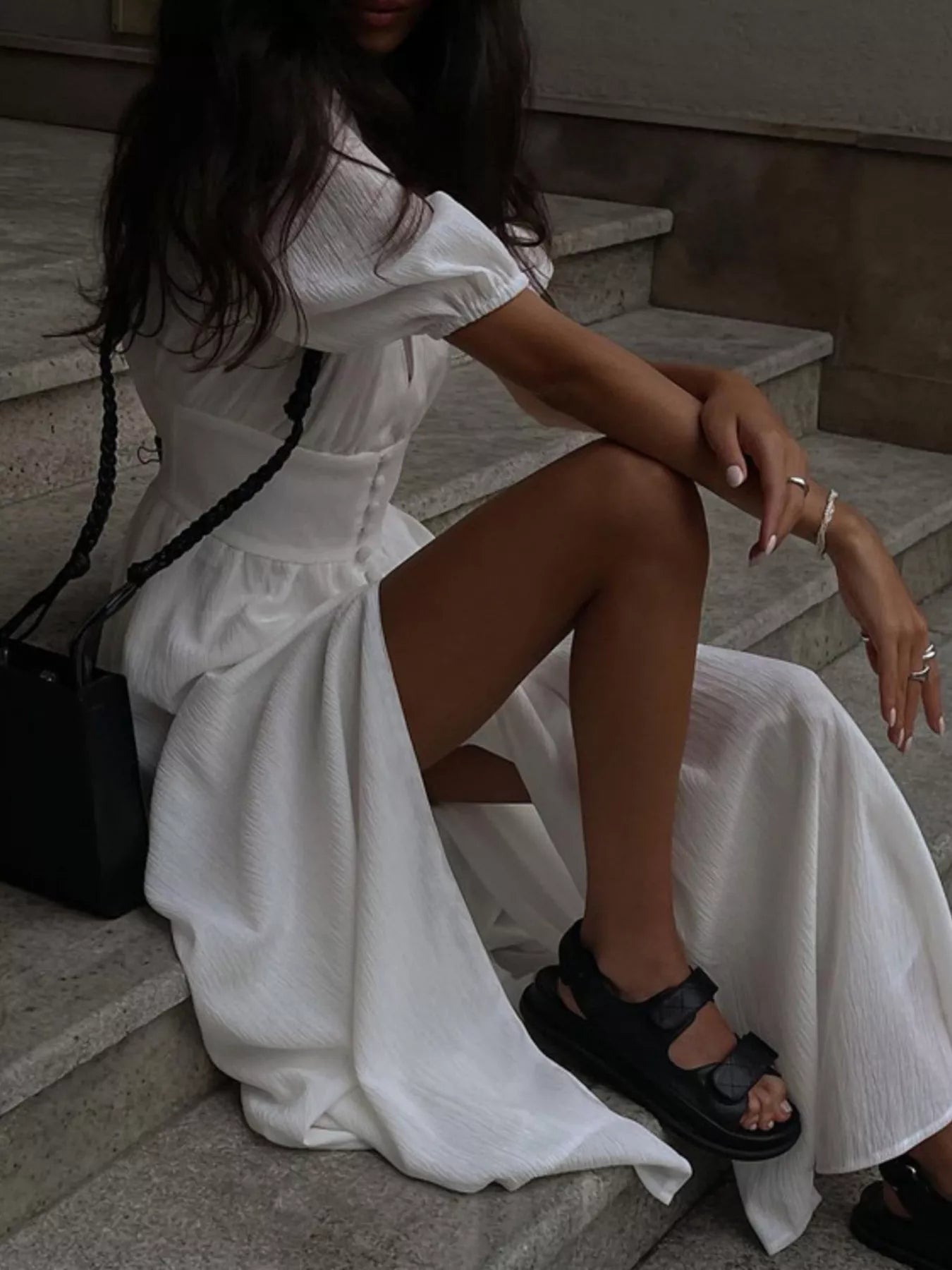 YSONA Slit Puff Sleeve Maxi Dress — side view | Women's Dress | Shop YSONA