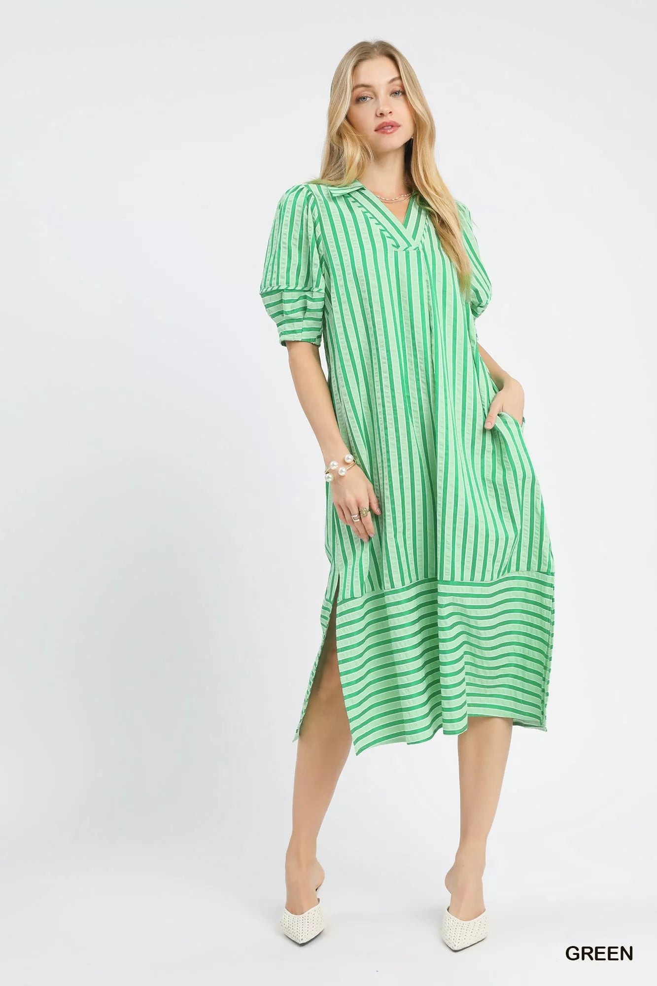 YSONA Umgee Striped Puff Sleeve Midi Dress — model wearing | Women's Dress | Shop YSONA
