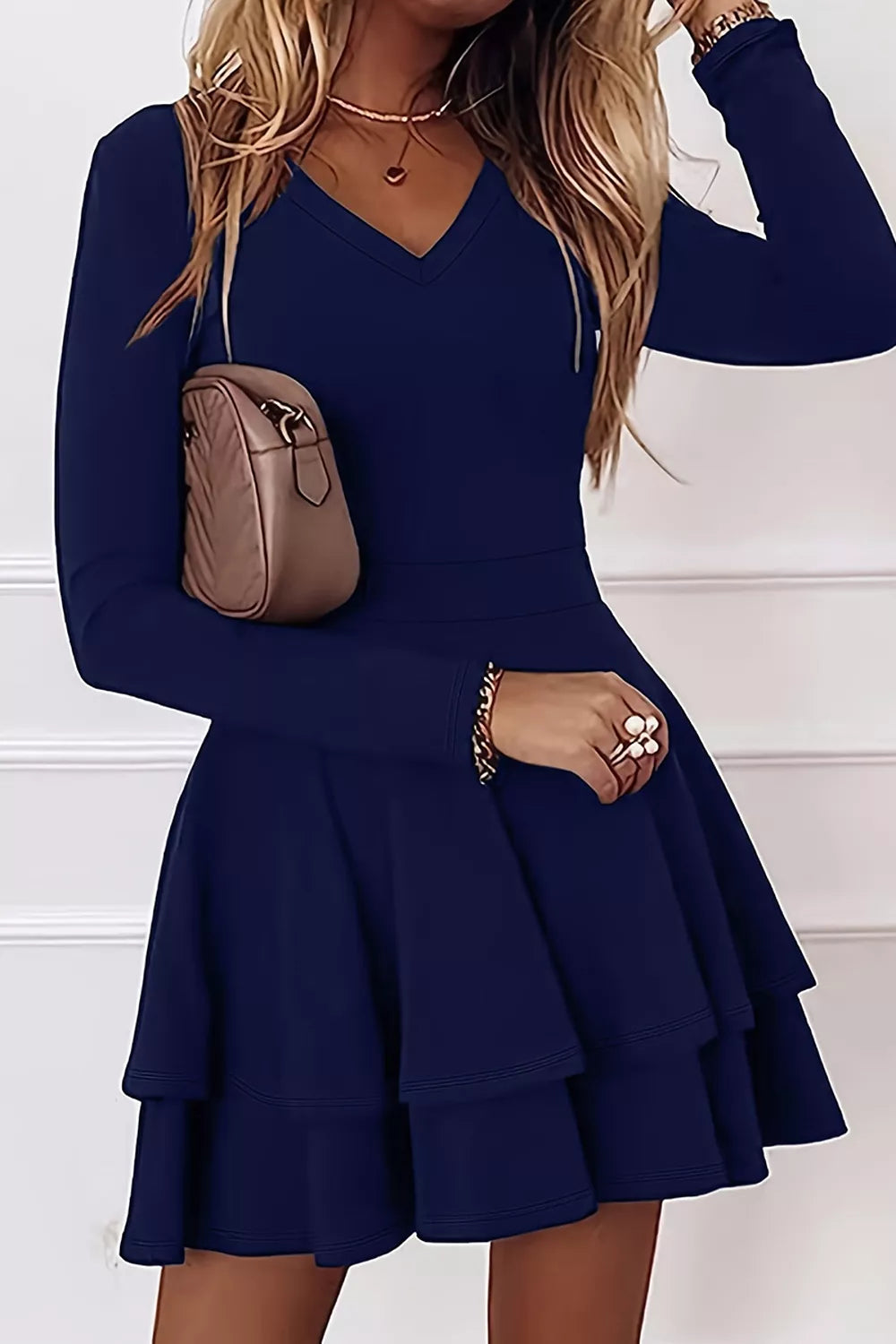 YSONA Layered Long Sleeve V-Neck Mini Dress — fabric detail | Women's Dress | Shop YSONA