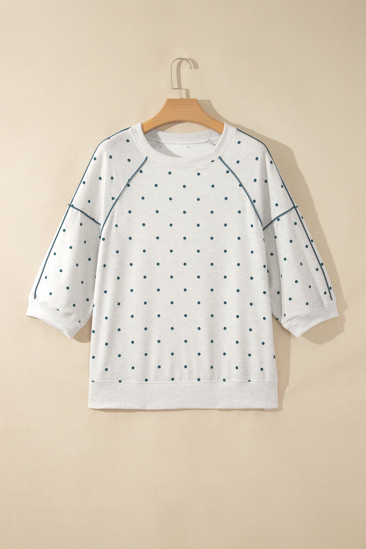 Yellow Polka Dot Print Piping Trim 3/4 Sleeve Relaxed Top