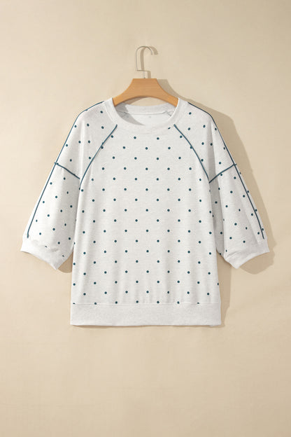 Yellow Polka Dot Print Piping Trim 3/4 Sleeve Relaxed Top