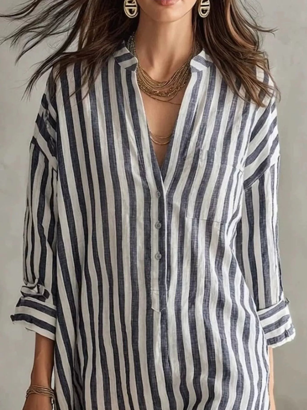 YSONA Full Size Striped 3/4 Sleeve Shirt Dress Plus Size — detail view | Women's Dress | Shop YSONA