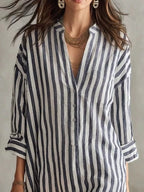 YSONA Full Size Striped 3/4 Sleeve Shirt Dress Plus Size — detail view | Women's Dress | Shop YSONA