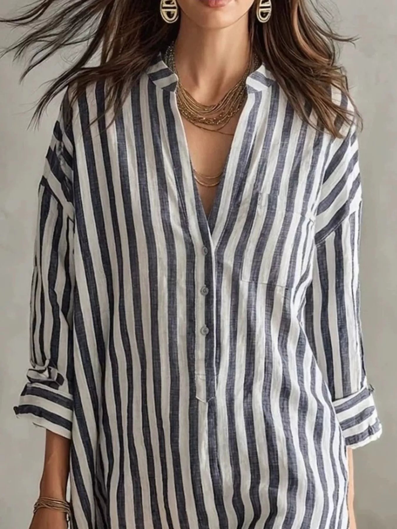 YSONA Full Size Striped 3/4 Sleeve Shirt Dress Plus Size — detail view | Women's Dress | Shop YSONA