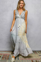 YSONA POL Deep V Sleeveless Cotton Bohemian Tiered Maxi Dress — back view | Women's Dress
