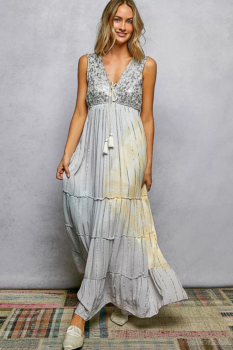 YSONA POL Deep V Sleeveless Cotton Bohemian Tiered Maxi Dress — back view | Women's Dress