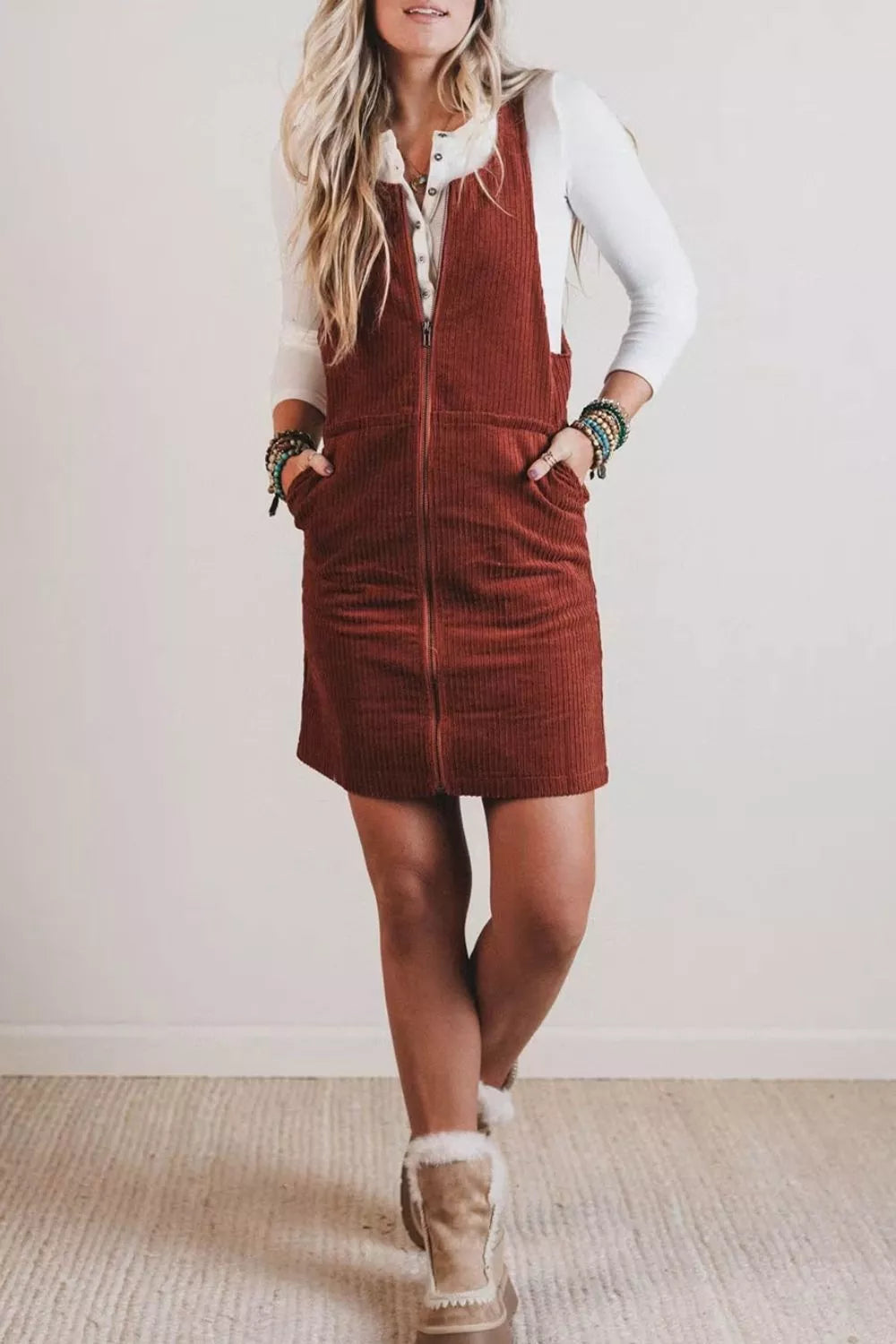 YSONA Ribbed Corduroy Zip-Up Sleeveless Pocket Sheath Dress — side view | Women's Dress | Shop YSONA