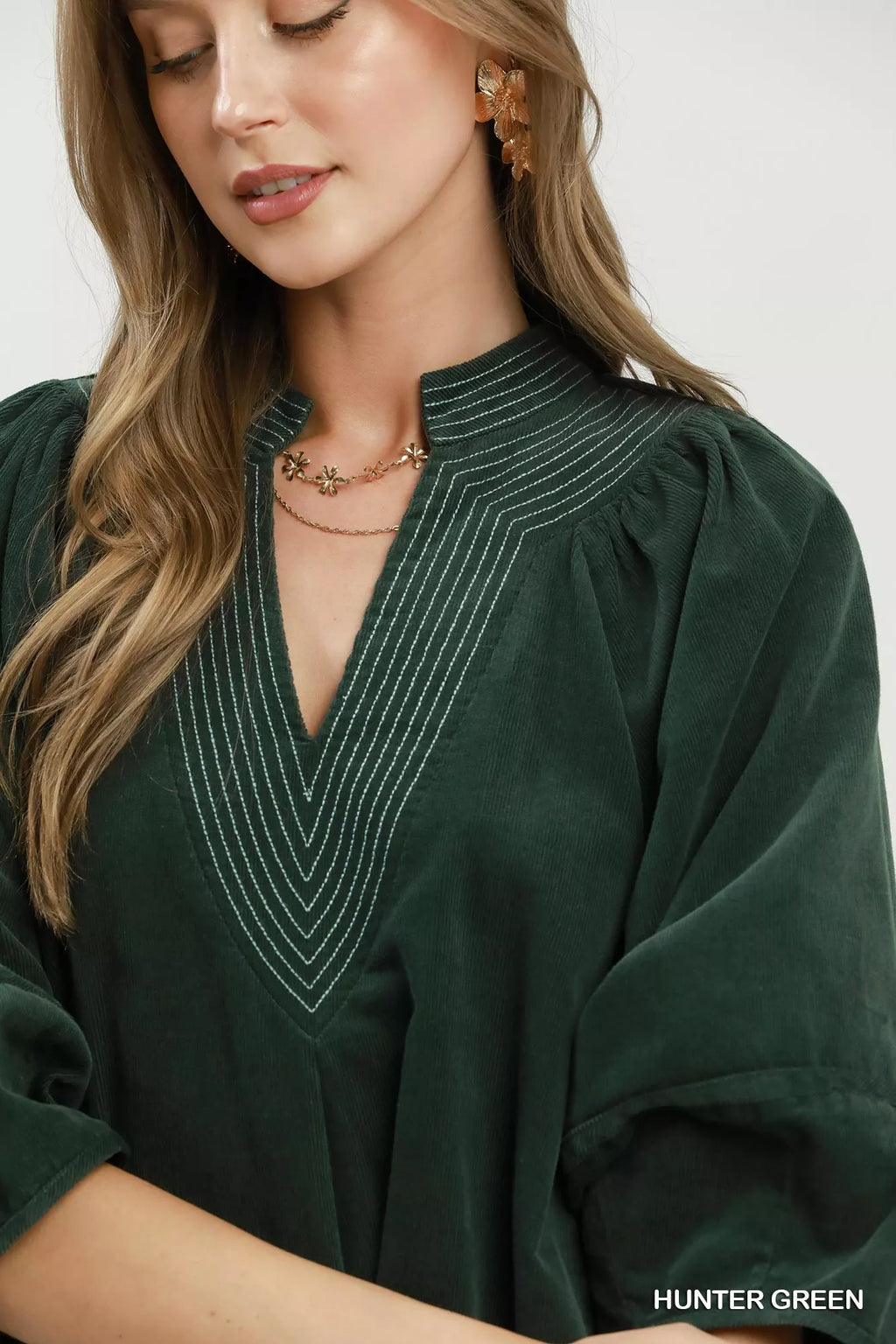 YSONA Umgee Corduroy V-Neck Puff Sleeve Shift Dress with Pockets — model wearing | Women's Dress