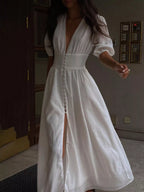 YSONA Slit Puff Sleeve Maxi Dress — front view | Women's Dress | Shop YSONA