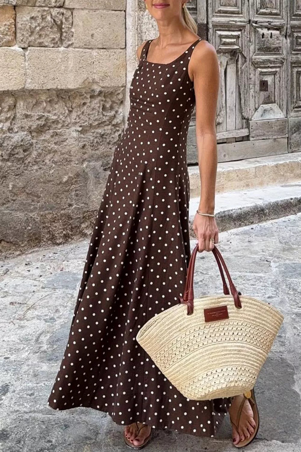 YSONA Polka Dot Print Square Neck Sleeveless Vacation Maxi Dress — model wearing | Women's Dress