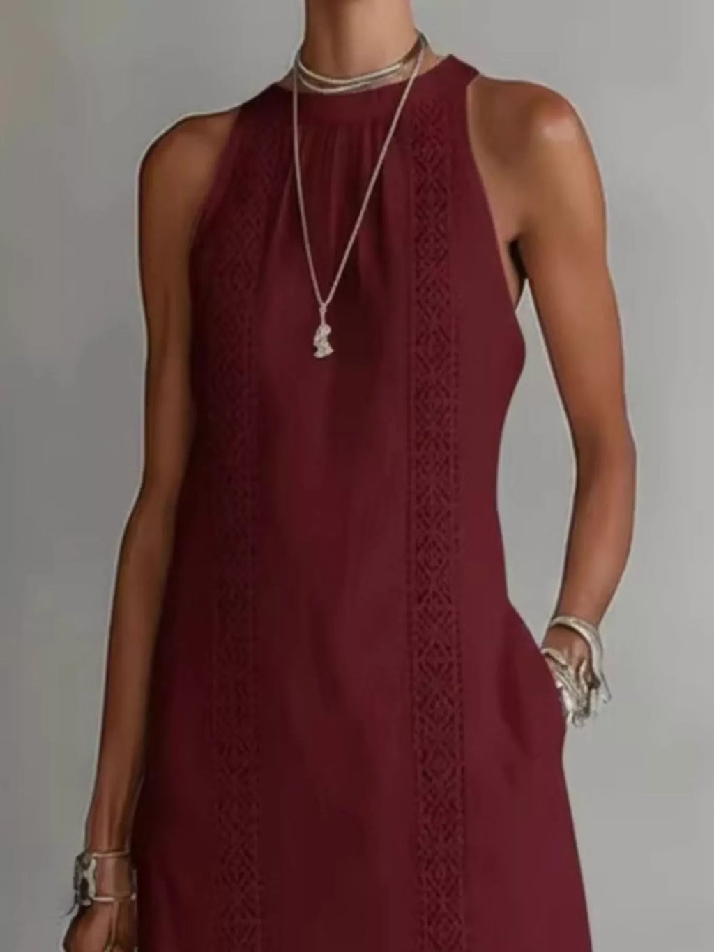 YSONA Full Size Sleeveless Lace Trim Midi Dress Plus Size — fabric detail | Women's Dress
