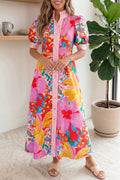 YSONA Floral Print Striped Trim Button Down Short Sleeve Maxi Dress — front view | Women's Dress