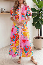 YSONA Floral Print Striped Trim Button Down Short Sleeve Maxi Dress — front view | Women's Dress