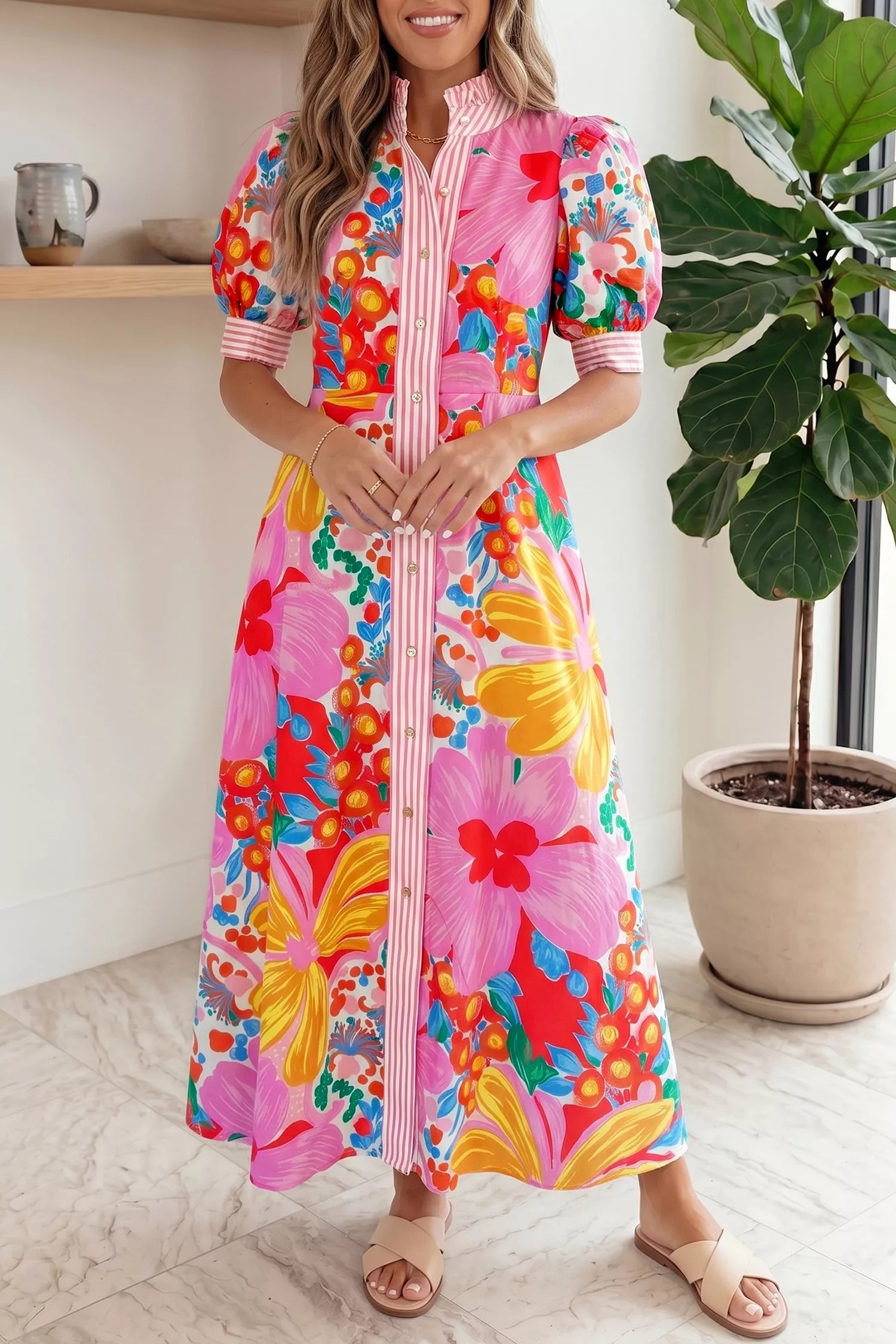 YSONA Floral Print Striped Trim Button Down Short Sleeve Maxi Dress — front view | Women's Dress