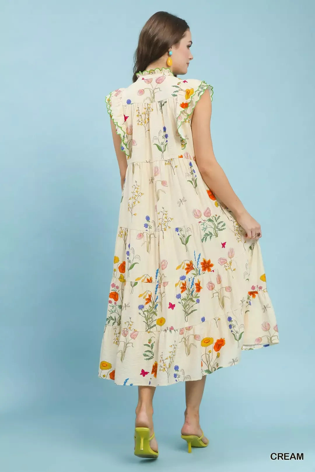 YSONA Umgee Floral Ruffle Tiered Midi Dress with Scalloped Detail — side view | Women's Dress