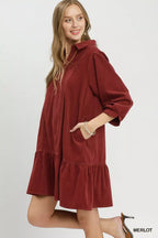 YSONA Umgee Corduroy Contrast Trim Tiered Babydoll Dress — back view | Women's Dress | Shop YSONA