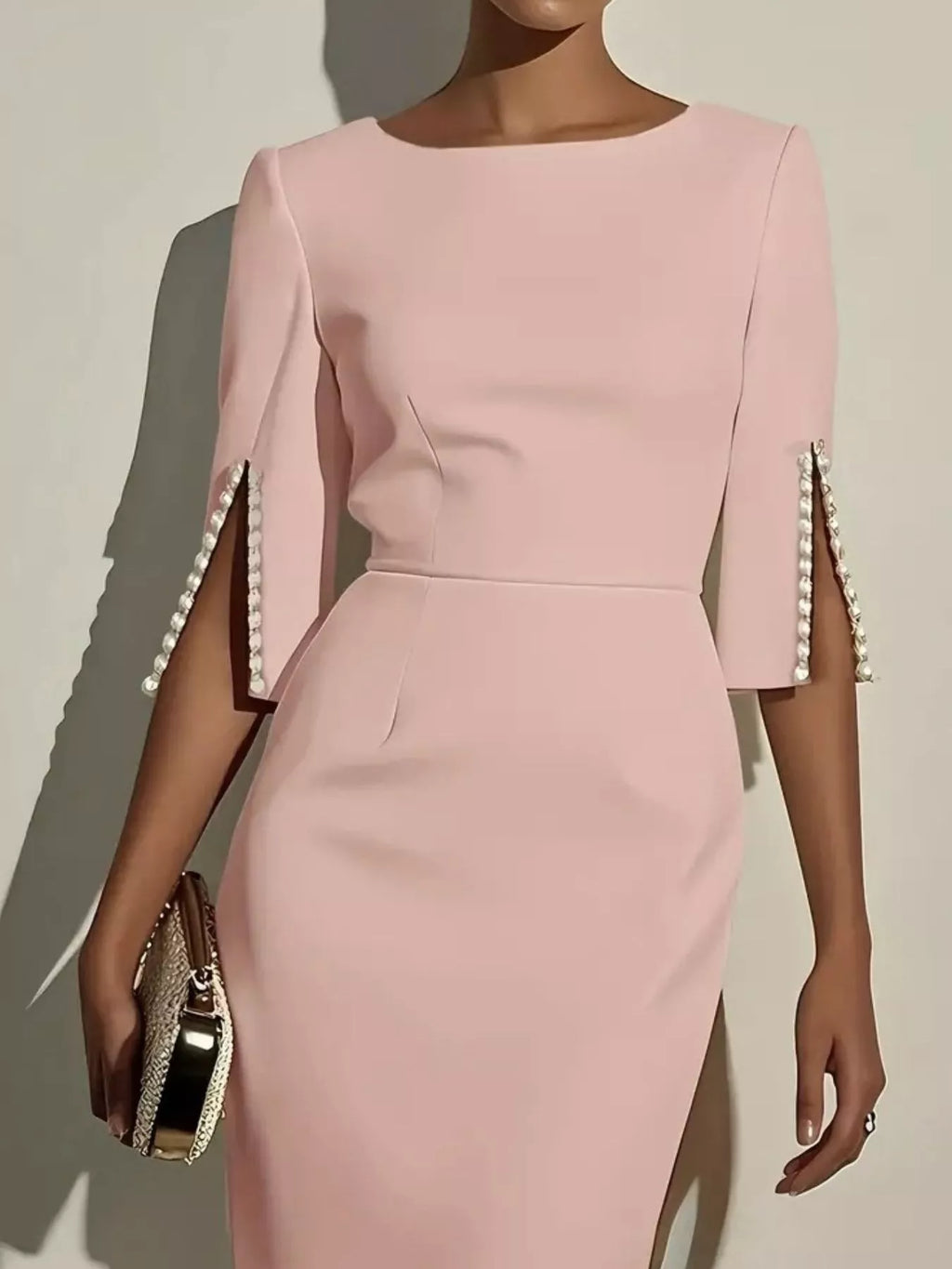 YSONA Slim-Fit Elegant Midi Dress with Beaded Slit Sleeve — styling view | Women's Dress