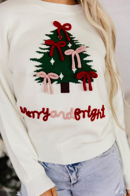 White Christmas Tree Bow Drop Shoulder Knit Sweater