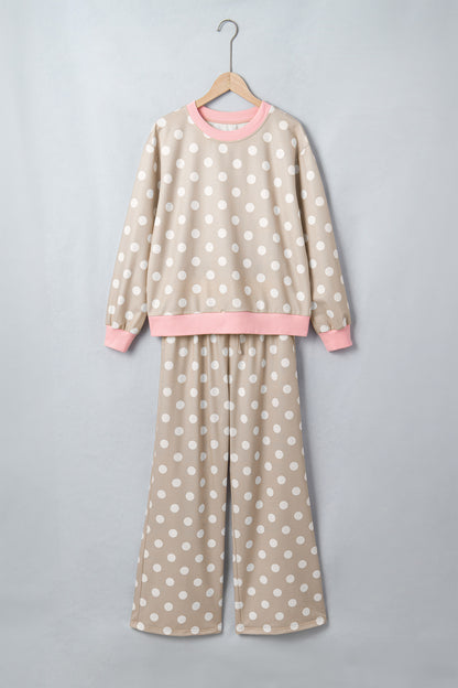 Sky Blue Polka Dot Contrast Trim Long Sleeve Top Drawstring Shift Pants Set