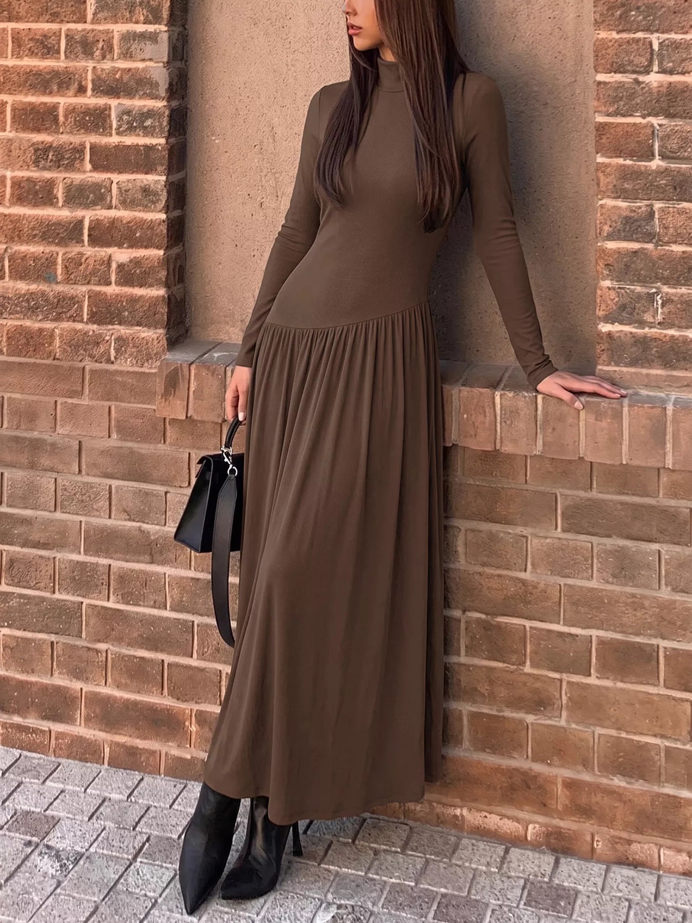 YSONA Mock Neck Long Sleeve Midi Dress — side view | Women's Dress | Shop YSONA
