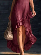 YSONA Full Size V-Neck Ruffle Hem High-Low Dress Plus Size — detail view | Women's Dress