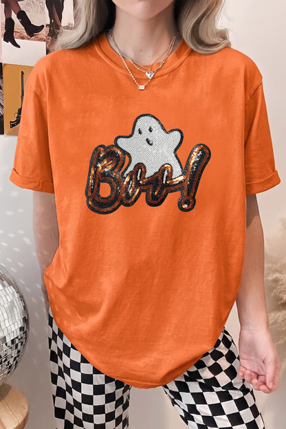 Orange Sequin Ghost Halloween Graphic T-Shirt