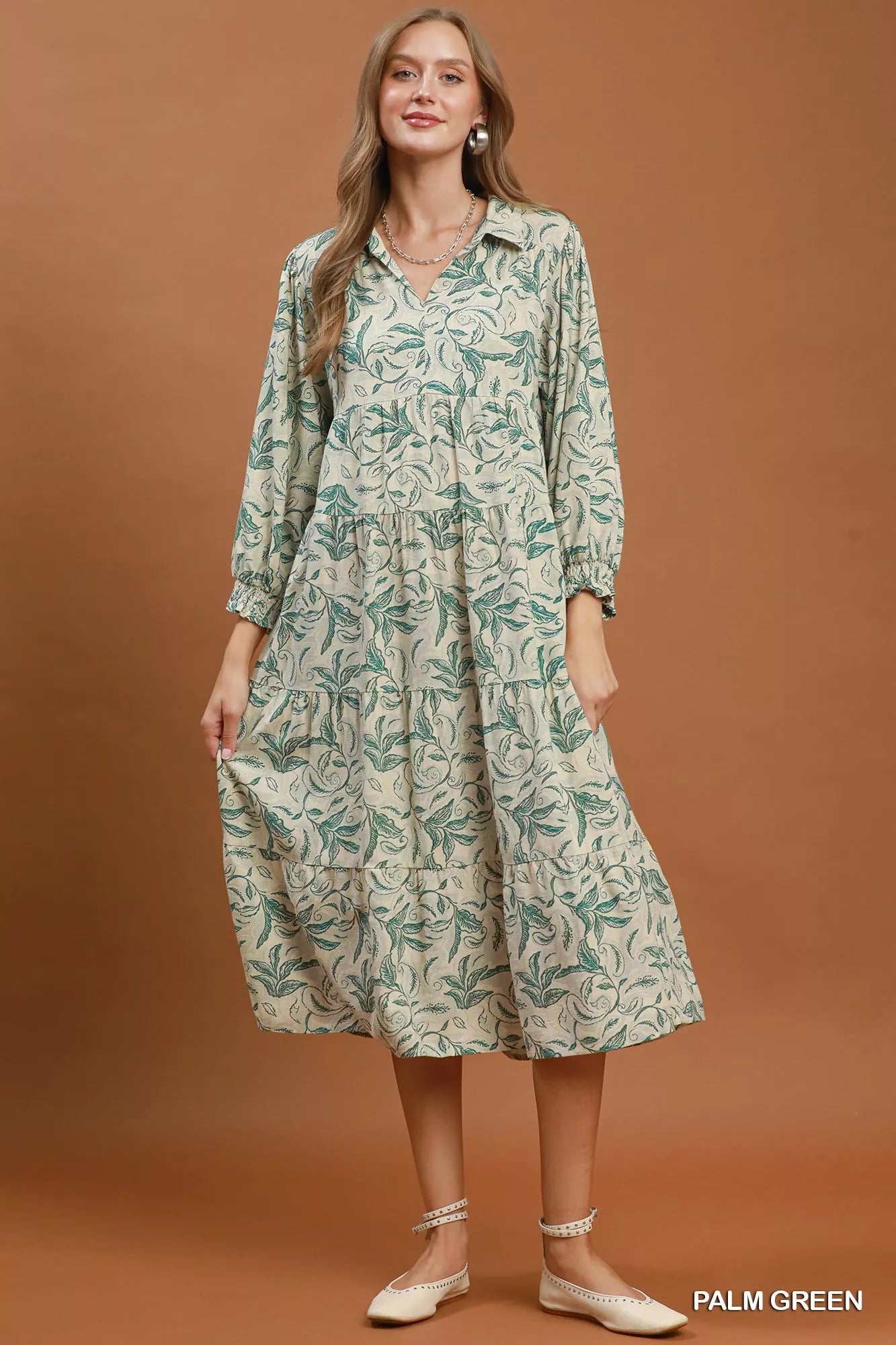 YSONA Umgee Linen Botanical Print Tiered Midi Dress — detail view | Women's Dress | Shop YSONA