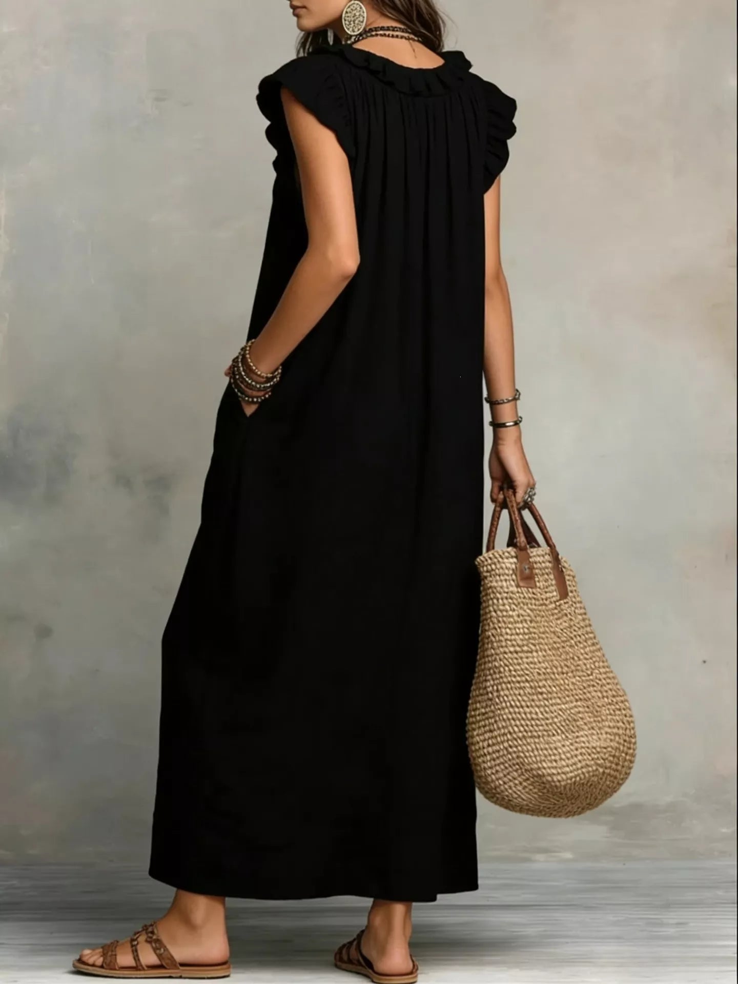 YSONA Ruffled V-Neck Maxi Dress — detail view | Women's Dress | Shop YSONA