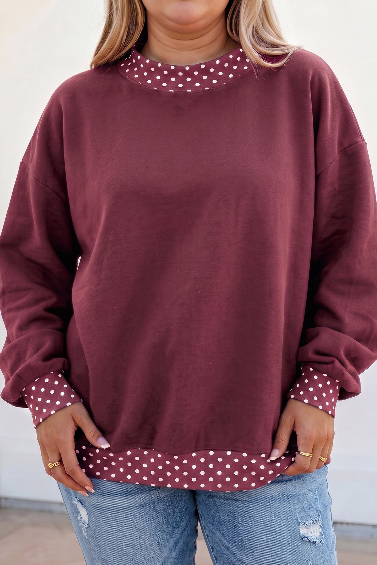 Dirty blue Polka Dot Patchwork Round Neck Plus Size Sweatshirt