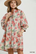 YSONA Umgee Mix Floral Print Smocked Cuff Mini Dress — front view | Women's Dress | Shop YSONA