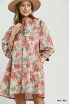 YSONA Umgee Mix Floral Print Smocked Cuff Mini Dress — front view | Women's Dress | Shop YSONA