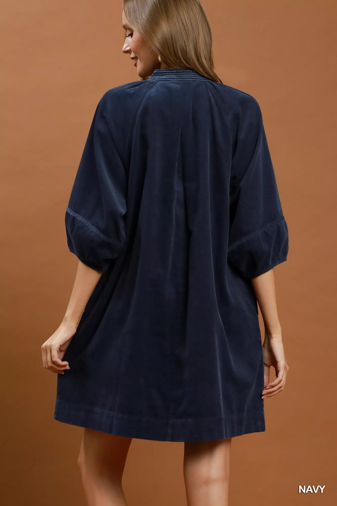 YSONA Umgee Corduroy V-Neck Puff Sleeve Shift Dress with Pockets — side view | Women's Dress