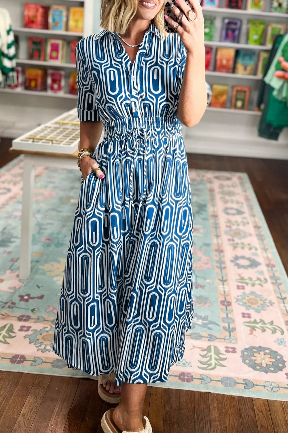 YSONA Geometric Print Short Sleeve Drawstring Shirt Collar Dress — back view | Women's Dress