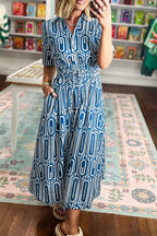 YSONA Geometric Print Short Sleeve Drawstring Shirt Collar Dress — back view | Women's Dress