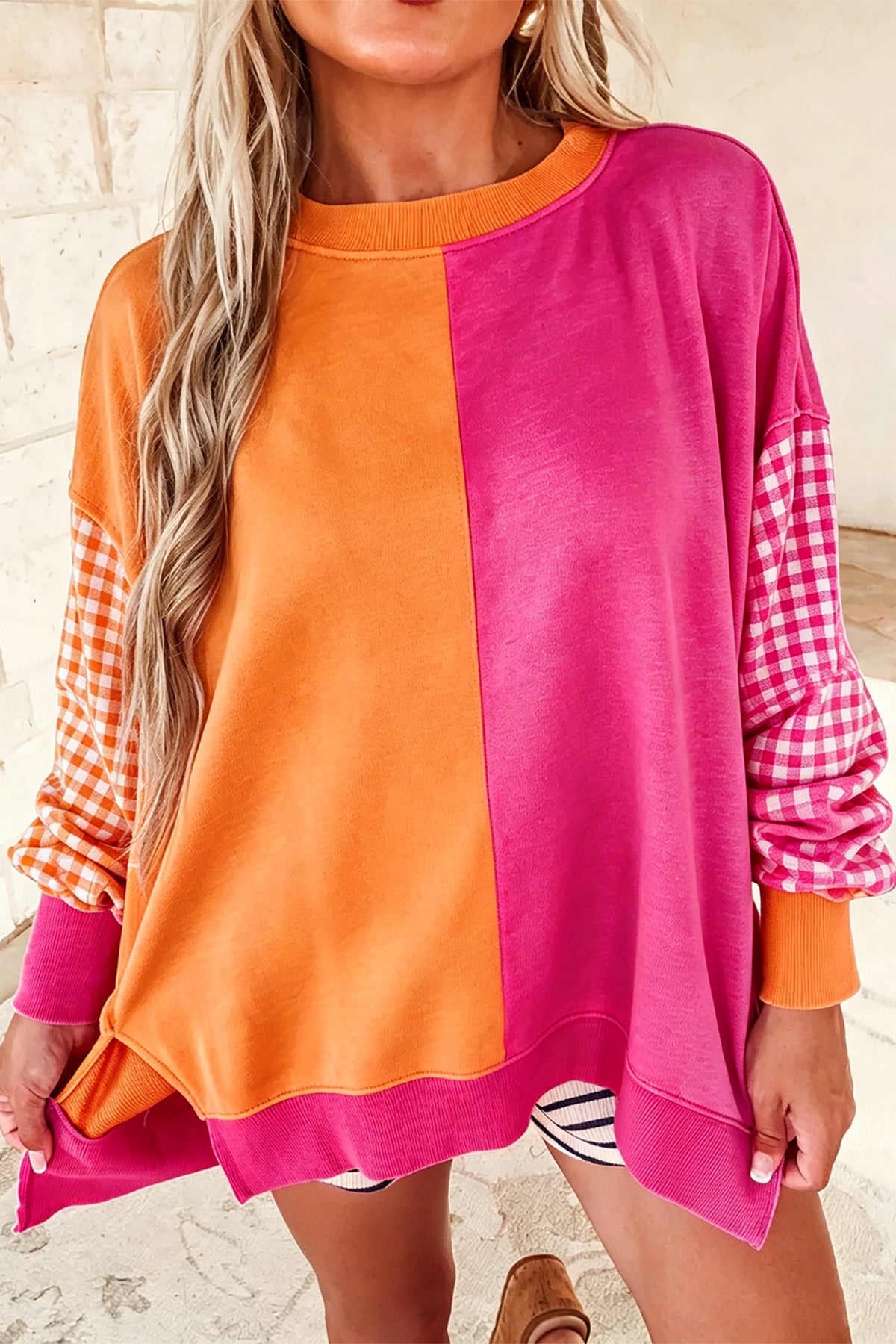 Light Blue Colorblock Gingham Sleeve Crewneck Sweatshirt