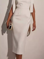 YSONA Slim-Fit Elegant Midi Dress with Beaded Slit Sleeve — side view | Women's Dress | Shop YSONA