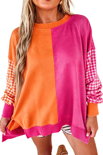 Light Blue Colorblock Gingham Sleeve Crewneck Sweatshirt