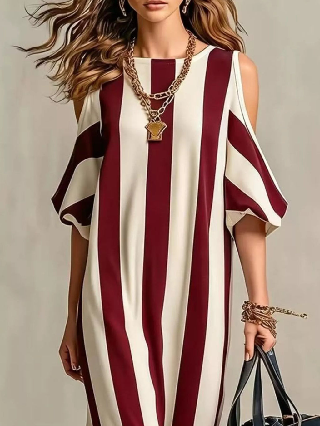 YSONA Striped Cold Shoulder Maxi Dress — close-up view | Women's Dress | Shop YSONA