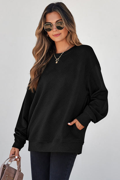Parchment Solid Color Textured Round Neck Drop Shoulder Pullover Sweatshirt