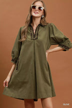 YSONA Umgee V-Neck Shift Dress with Contrast Trim — front view | Women's Dress | Shop YSONA