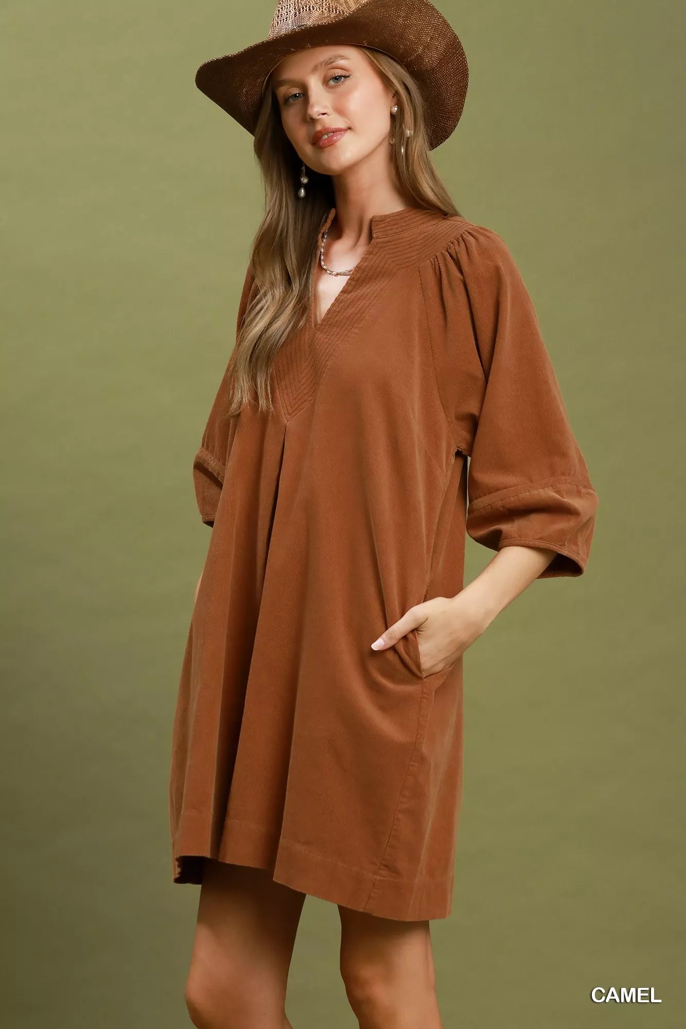 YSONA Umgee Corduroy V-Neck Puff Sleeve Shift Dress with Pockets — back view | Women's Dress